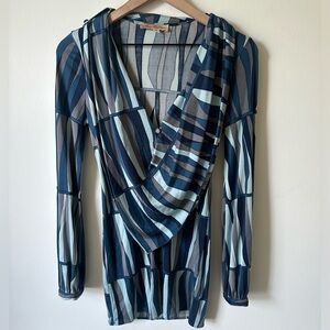 Vintage Mara Hoffman 100% Silk Abstract Long Sleeve Blouse Blue Small